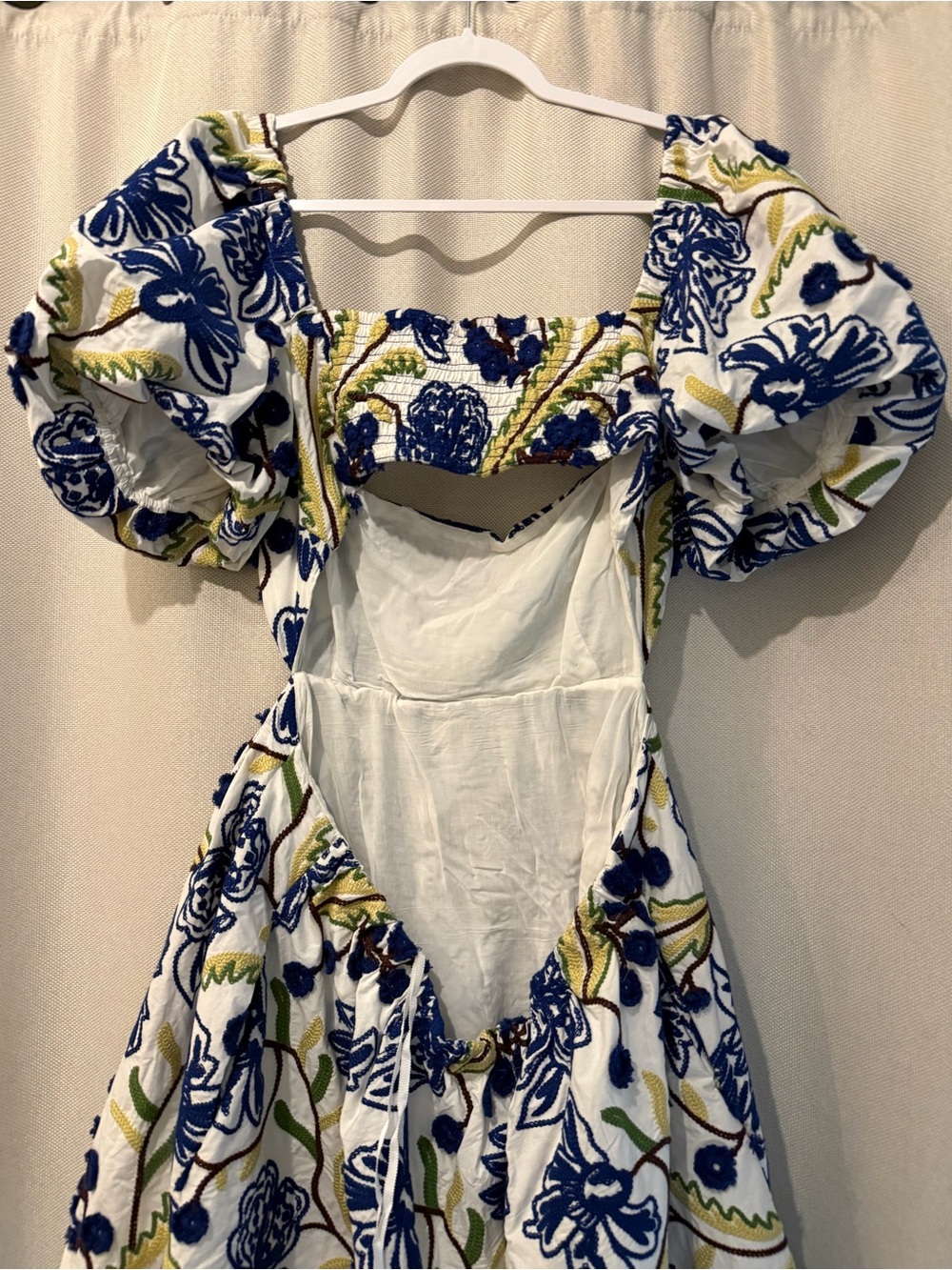 Anthropologie Embroidered Puff Sleeve Cutout Mini Dress White Blue XL Boho - Picture 7 of 9